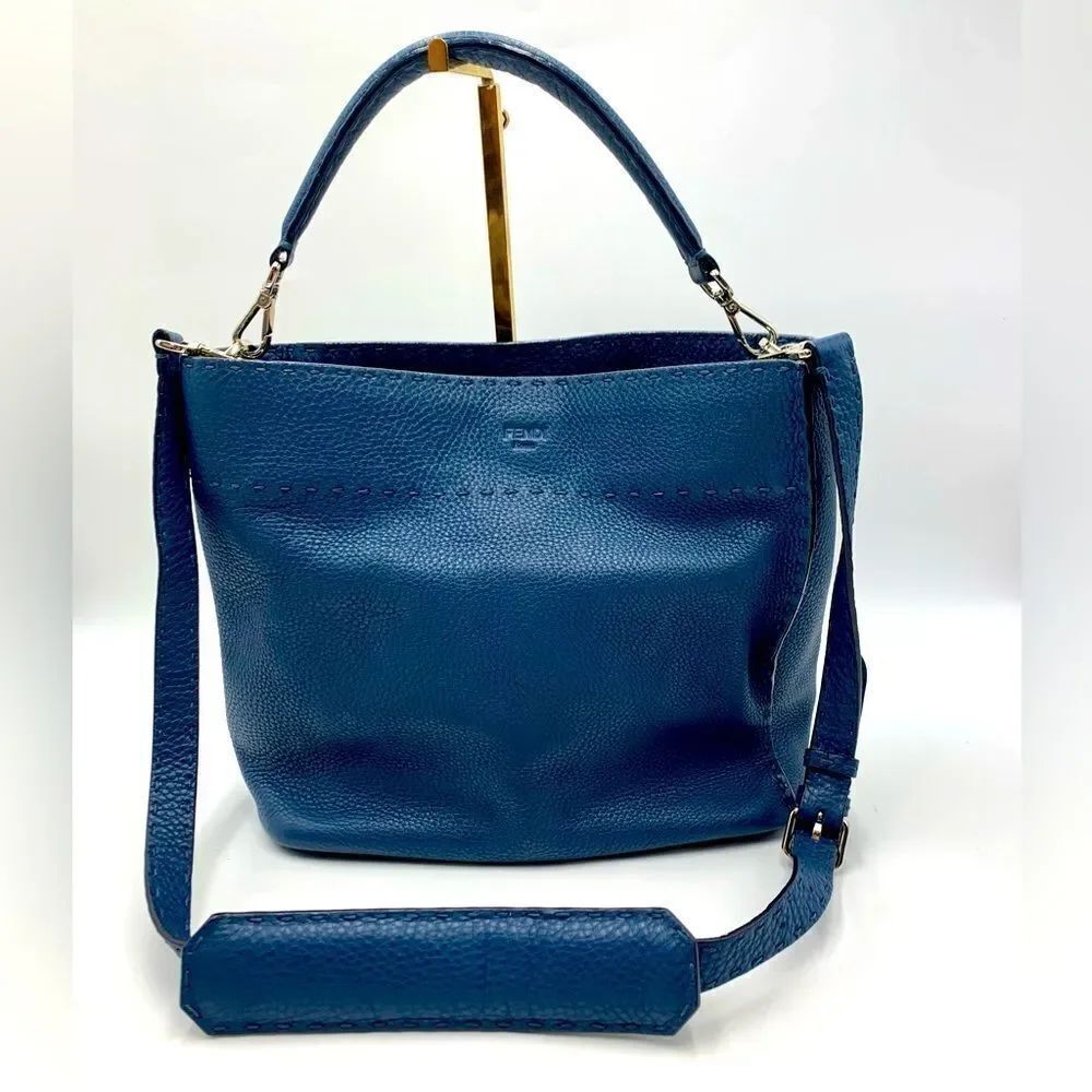 Auth Fendi Cuoio Romano Blue Selleria cLeather 2way Anna Bucket Bag Hobo Shopper